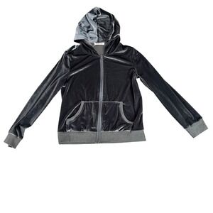 Veseacky Gray Velvet Zip Up Hoodie Small Y2K Velour Shimmer Hooded Sweatshirt